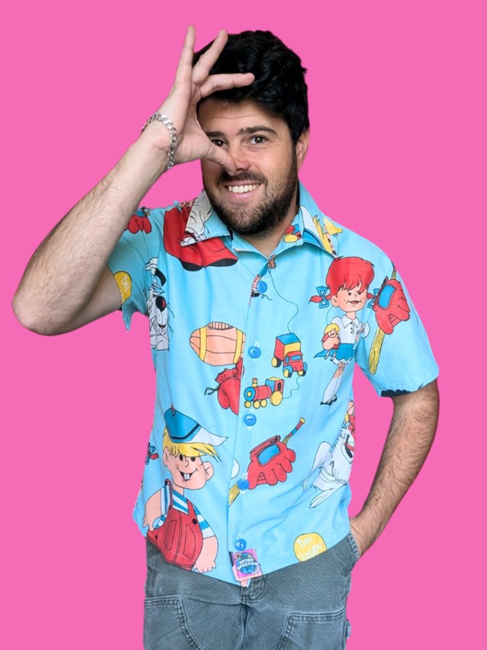 Handmade, Upcycled Denis The Menace Bedsheet Button Down Shirt Size M